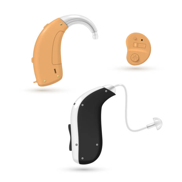 補聴器は、大声で聞く現実的なベクトルイラストの医療用電子機器を設定 - hearing aid点のイラスト素材／クリップアート素材／マンガ素材／アイコン素材