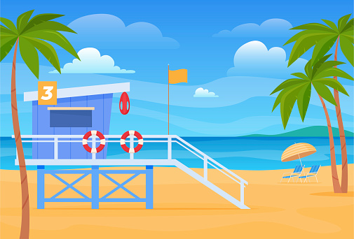 Lifeguard booth on empty summer sand beach vector flat illustration. Peaceful relaxation landscape sea chaise lounge and umbrella. Palm trees, life saver security recreation tourism travel vacation