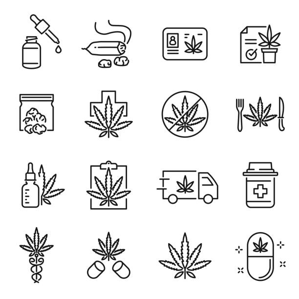 ilustrações de stock, clip art, desenhos animados e ícones de monochrome cannabis line icon set vector illustration. simple cannabidiol or marijuanas - canábis narcótico