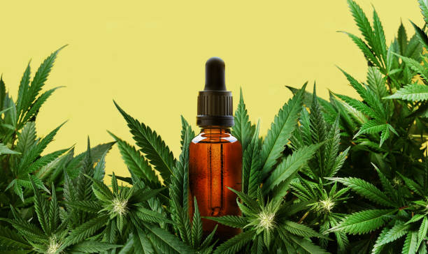 glass dropper bottle of cannabis oil with marijuana plants and yellow background - druppelfles stockfoto's en -beelden