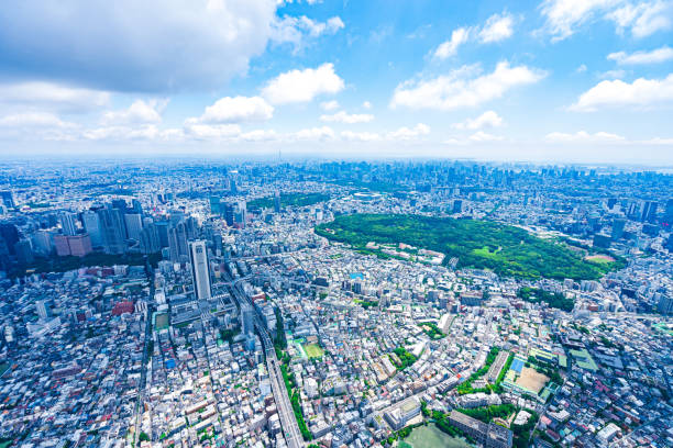 도쿄 중심부의 항공 사진 - tokyo tower 이미지 뉴스 사진 이미지