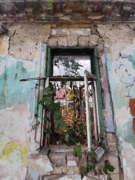 istock Broken windows of an old ruined house 1355094252