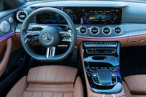 Istanbul, Turkey - November 21 2021 : Mercedes-Benz E-Class is a range of executive cars manufactured by German automaker Mercedes-Benz. It has luxury interior design.