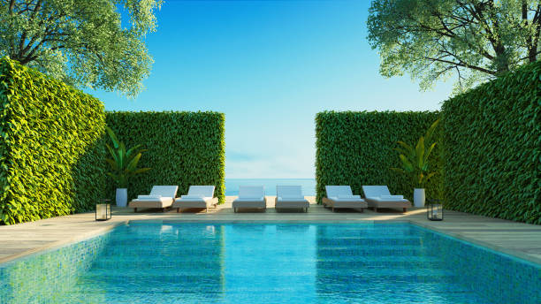 villa de luxe avec piscine avec vue sur la mer - rendu 3d - eau dormante photos et images de collection