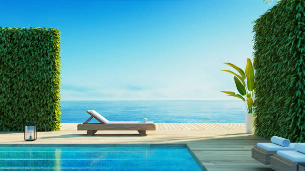 istock Luxury Beach Sea View Pool Villa - 3D rendering 1355094369