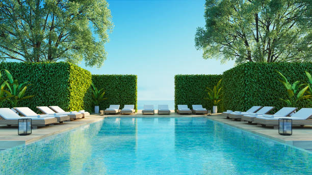 villa luxury con piscina vista mare sulla spiaggia - rendering 3d - hotel zone foto e immagini stock