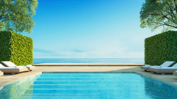 willa luxury beach z widokiem na morze z basenem – rendering 3d - staw woda stojąca zdjęcia i obrazy z banku zdjęć