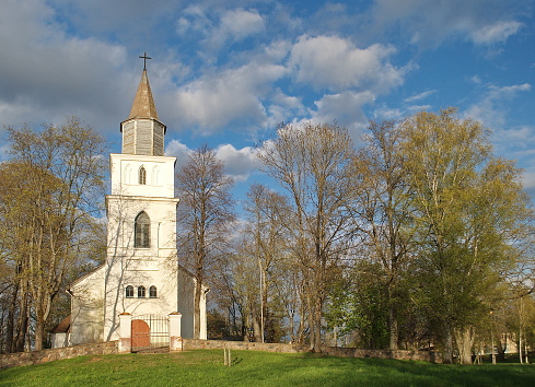 Skrunda town lutheran church in sunny spring day, Latvia.