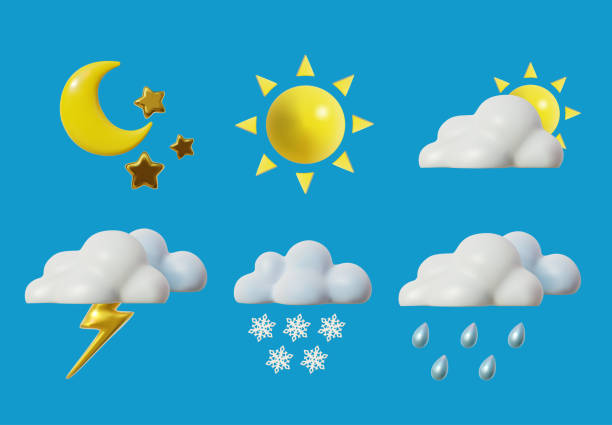 bildbanksillustrationer, clip art samt tecknat material och ikoner med 3d cute weather forecast set cartoon style. vector - ice sign