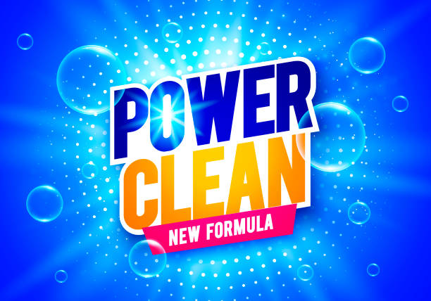 vektorillustration power clean wash package label mit seifenblasen - reinigen stock-grafiken, -clipart, -cartoons und -symbole