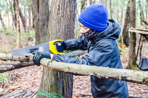 Boy building a shelter in the woods using fallen trees, rope and hand saw.\nHe is sawing a log and building an elevated bed to sleep\nHe is applying survival skills.
