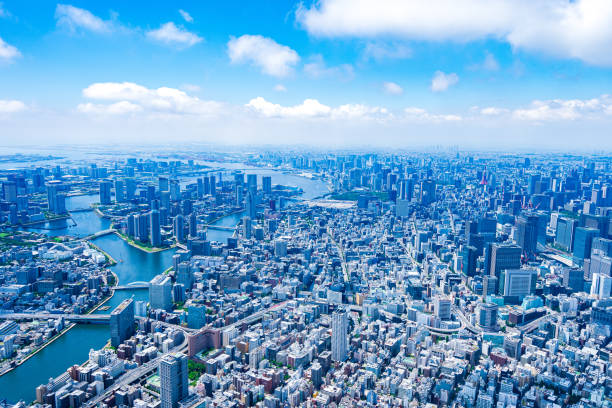 fotografia aerea della baia di tokyo - prefettura di tokyo foto e immagini stock