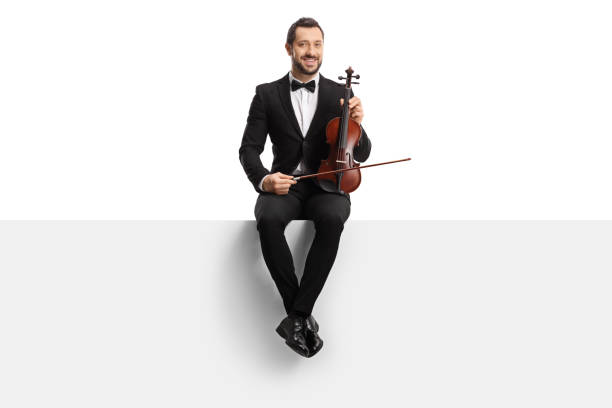 istock Male violinist with a bow tie sitting on a panel and holding a violin 1355097185