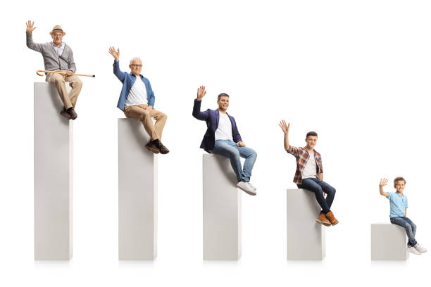 istock Male persons sitting on a graph chart from youngest to eldest and waving at camera 1355097275
