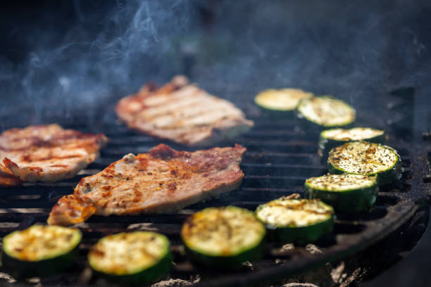 pork and zucchini, garden grill with charcoal