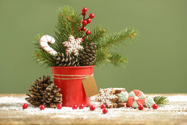 Festive natural, zero-waste, plastic-free, Christmas decoration. DIY winter holidays home decor made of traditional homemade biscuits, fir branches, pine cones and red berries.