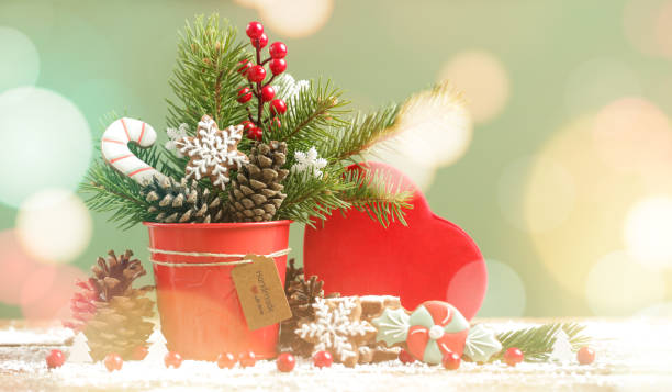 Festive natural, zero-waste, plastic-free, Christmas decoration. DIY winter holidays home decor made of traditional homemade biscuits, fir branches, pine cones and red berries.