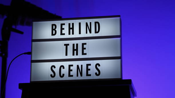istock Behind the scenes text on Lightbox or Cinema Light box. Movie board light box on studio stair and light Snoot tripod on colors gradiant Background. Represent behind the scenes team is working on. 1355105072