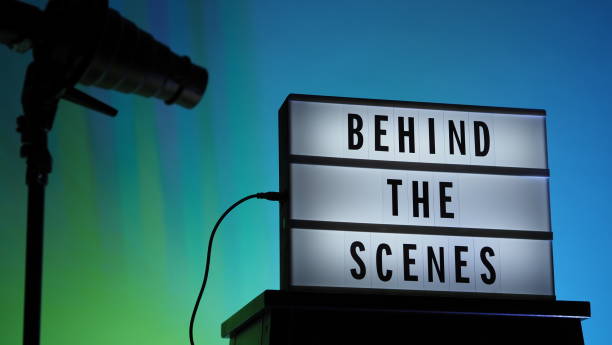 istock Behind the scenes text on Lightbox or Cinema Light box. Movie board light box on studio stair and light Snoot tripod on colors gradiant Background. Represent behind the scenes team is working on. 1355105381