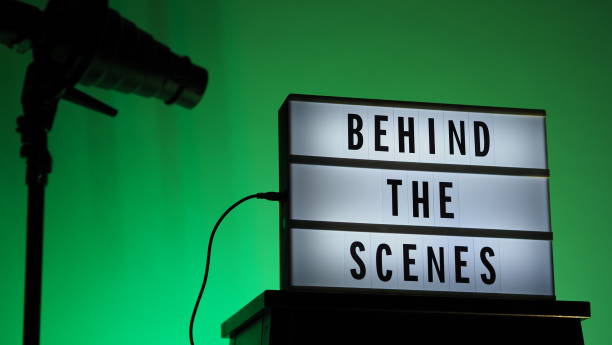 istock Behind the scenes text on Lightbox or Cinema Light box. Movie board light box on studio stair and light Snoot tripod on colors gradiant Background. Represent behind the scenes team is working on. 1355105638