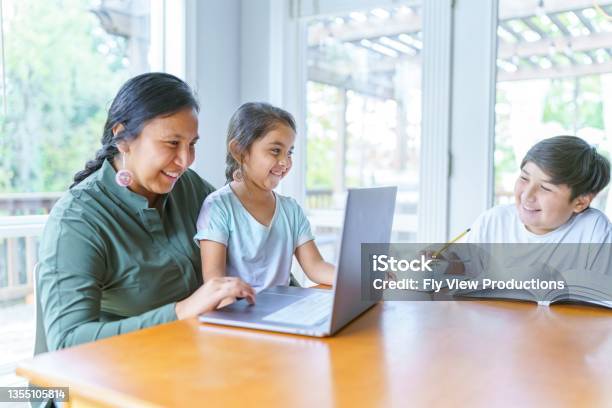 Mom Helping Elementary Age Girl With Elearning Video Conference Call Stock Photo - Download Image Now