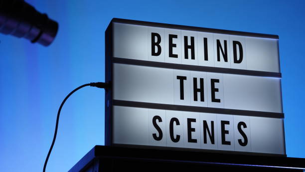 istock Behind the scenes text on Lightbox or Cinema Light box. Movie board light box on studio stair and light Snoot tripod on colors gradiant Background. Represent behind the scenes team is working on. 1355105968