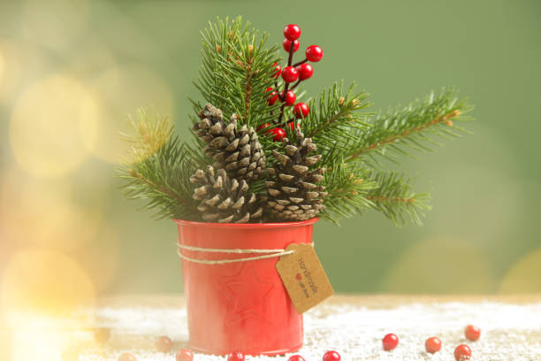 istock Festive natural, zero-waste, plastic-free, Christmas decoration. DIY winter holidays home decor made of fir branches, pine cones and red berries. 1355107802