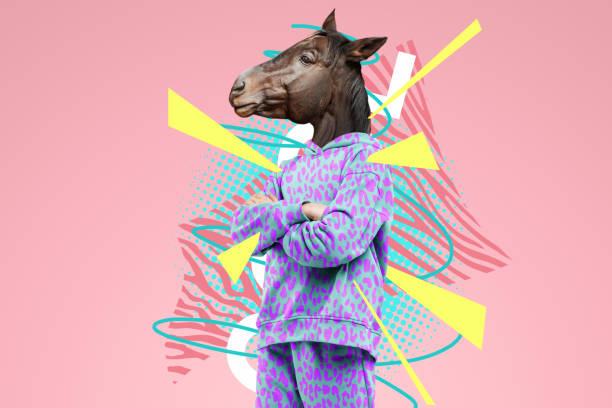 istock Modern design, a human body with a horse's head, prudence, confidence. Bright trendy colors, shocking art, style for a magazine, fashionable web design. copy space. 1355108580