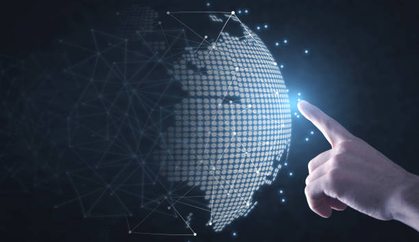 istock Male hand touching in global network connection. 1355110073