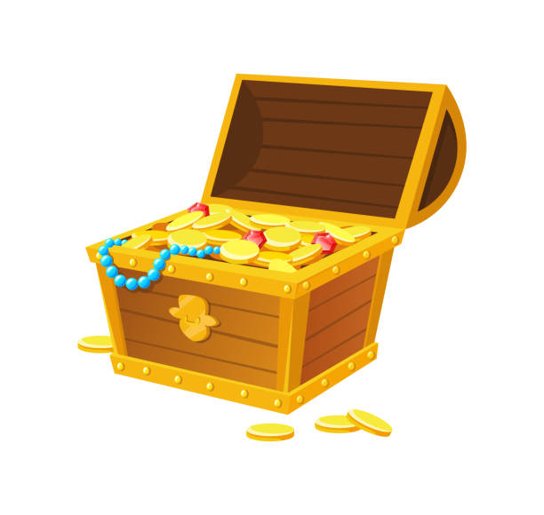 istock Hope chest. Open treasures case with bullion and medieval cash cartoon vector 1355115695