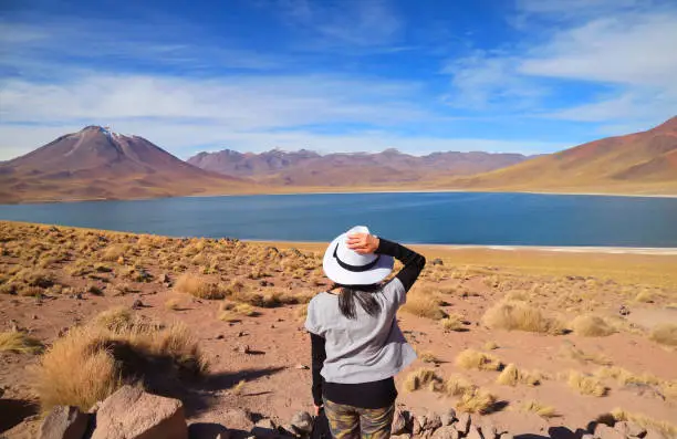 Female traveler being impressed with Miscanti lake, Amazing altiplanic lagoon in Los Flamencos national reserve, Antofagasta region, Chile, ( Self Portrait )