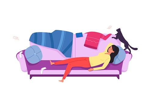Lazy women on sofa. Apathetic indifferent girl among messy clothes, vector illustration