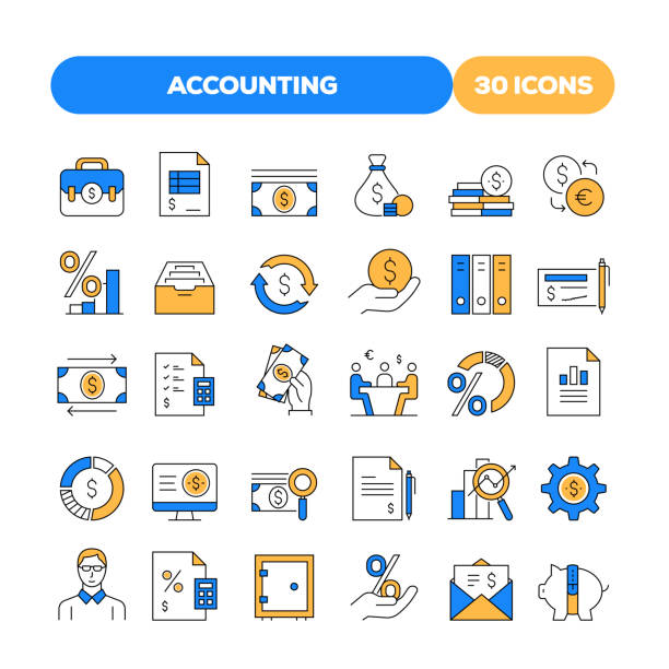 satz von buchhaltungsbezogenen flachliniensymbolen. outline symbol-auflistung - tax tax form financial advisor calculator stock-grafiken, -clipart, -cartoons und -symbole