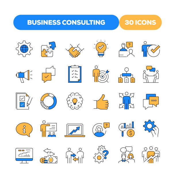 ilustrações de stock, clip art, desenhos animados e ícones de set of business consulting related flat line icons. outline symbol collection - brainstorming meeting marketing business
