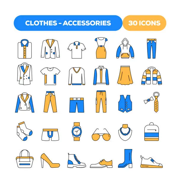 Vector illustration of Set of Clothes and Accessories Related Flat Line Icons. Outline Symbol Collection