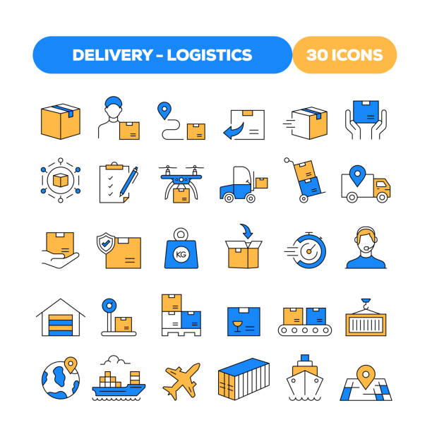 ilustrações de stock, clip art, desenhos animados e ícones de set of delivery and logistics related flat line icons. outline symbol collection - distribution warehouse illustrations