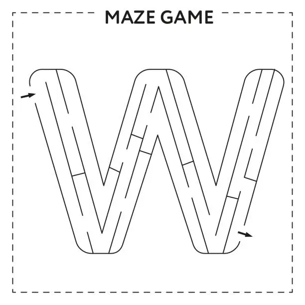 Vector illustration of Worksheets for learning the alphabet. Black and white activity book for kids. Maze game with the Letter W