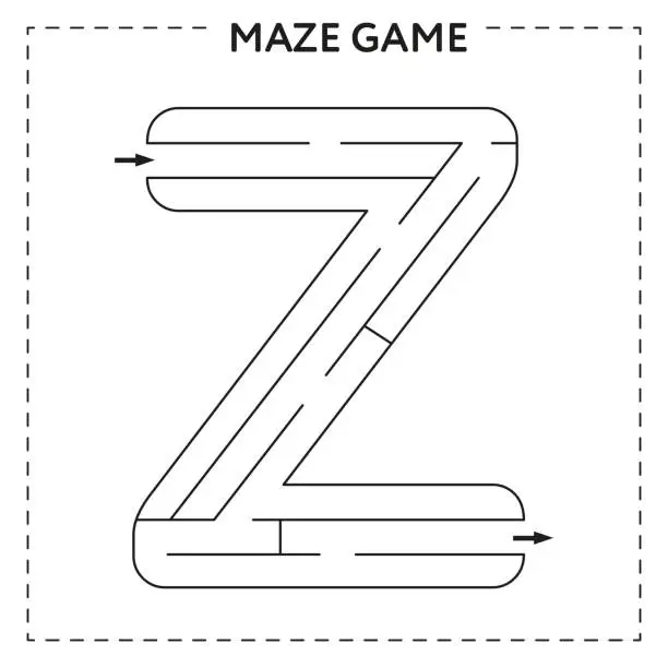 Vector illustration of Worksheets for learning the alphabet. Black and white activity book for kids. Maze game with the Letter Z