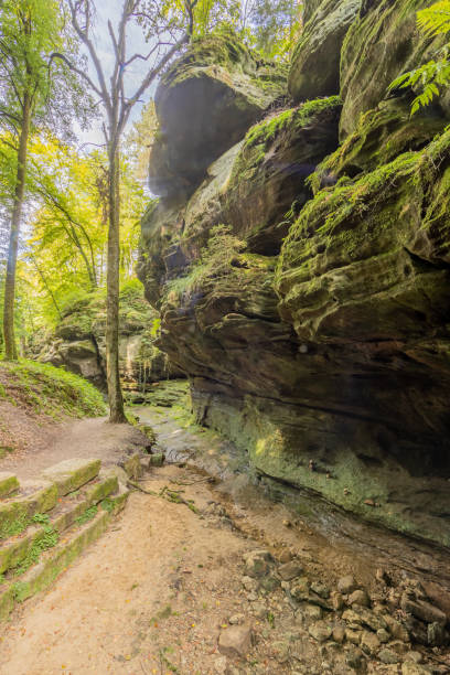 istock Stream fading into the background beside a huge rock formation with moss 1355119305
