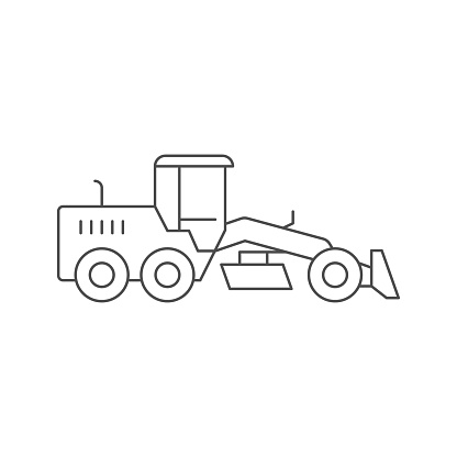 Road scraper or grader line icon isolated on white. Vector illustration