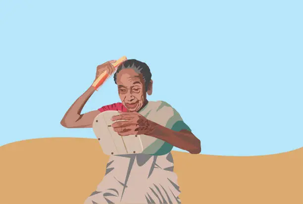 Vector illustration of An Old Woman Is Combing Her Hair , mirror