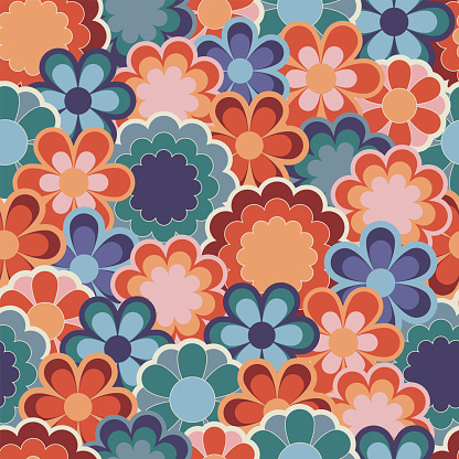 Abstract retro floral seamless pattern. Colorful vector illustration. Groovy geometric flowers, hippie style. 60s, 70s