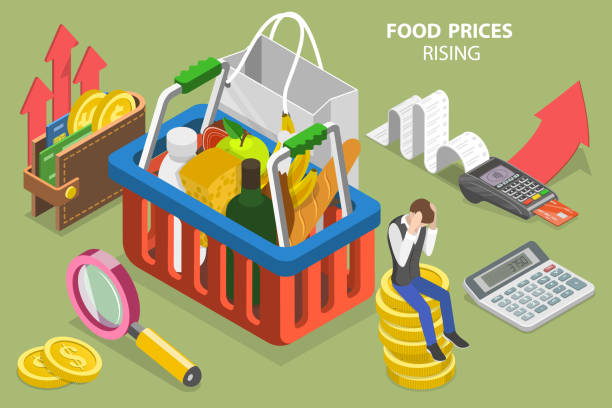 3D Isometric Flat Vector Conceptual Illustration of Food Prices Rising 3D Isometric Flat Vector Conceptual Illustration of Food Prices Rising, High Family Expenses inflation stock illustrations
