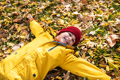 A cute boy is lying on the grass covered with autumn leaves smiling at the camera on a sunny autumn day