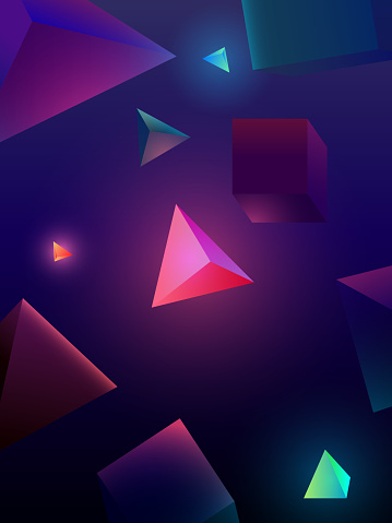 Futuristic 3D Geometric Glowing Illustration - Triangular and square glowing crystals. Pyramids and cubes.