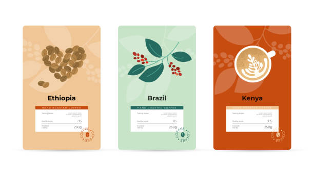 Set of vector labels for specialty coffee packaging Specialty coffee packaging design concept. Labels set for package, coffeehouse. Vector illustration of heart shaped coffee beans, tree branch with berries, cappuccino cup. Branding, mockup, template coffee stock illustrations
