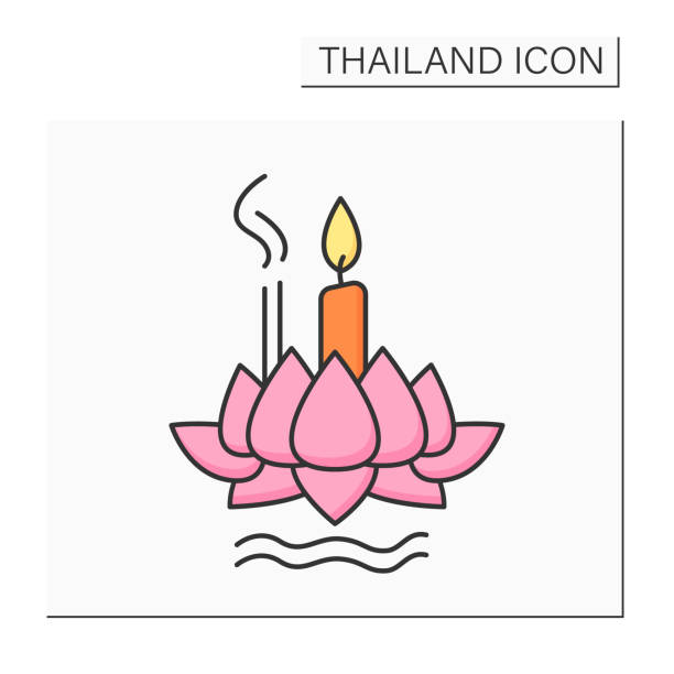 Siamese festival color icon Siamese festival color icon. Float ritual vessel or lamp. Loi krathong. Candles and lotus flower. Thailand concept. Isolated vector illustration loi krathong stock illustrations