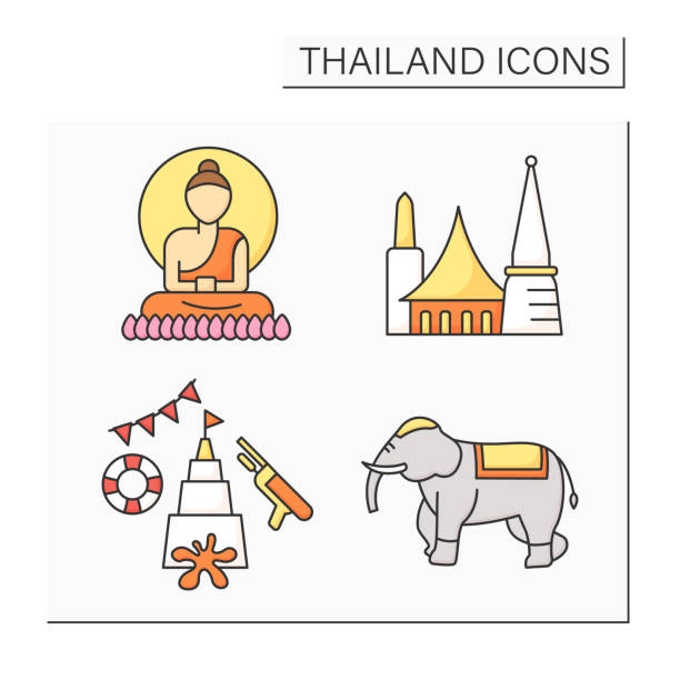 illustrazioni stock, clip art, cartoni animati e icone di tendenza di set di icone a colori thailandia - thailand thai culture travel buddha