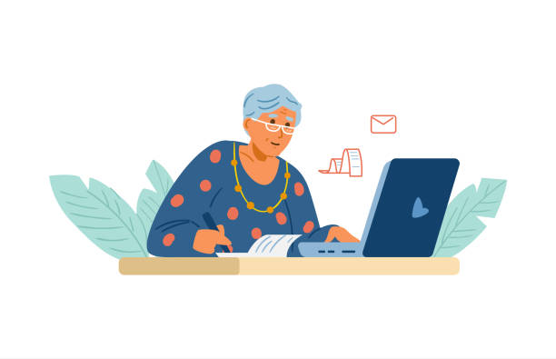 senior woman working on laptop - kişisel finans illüstrasyonlar stock illustrations