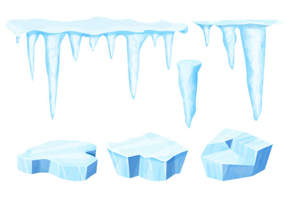 흰색 배경에 고립 된 만화 스타일로 얼음 꽃, 얼어 붙은 물 조각, 빙산과 고드름을 설정합니다. 수집 극지 풍경 요소, ui 게임 자산. 겨울 장식. 벡터 일러스트레이션 - icicle stock illustrations
